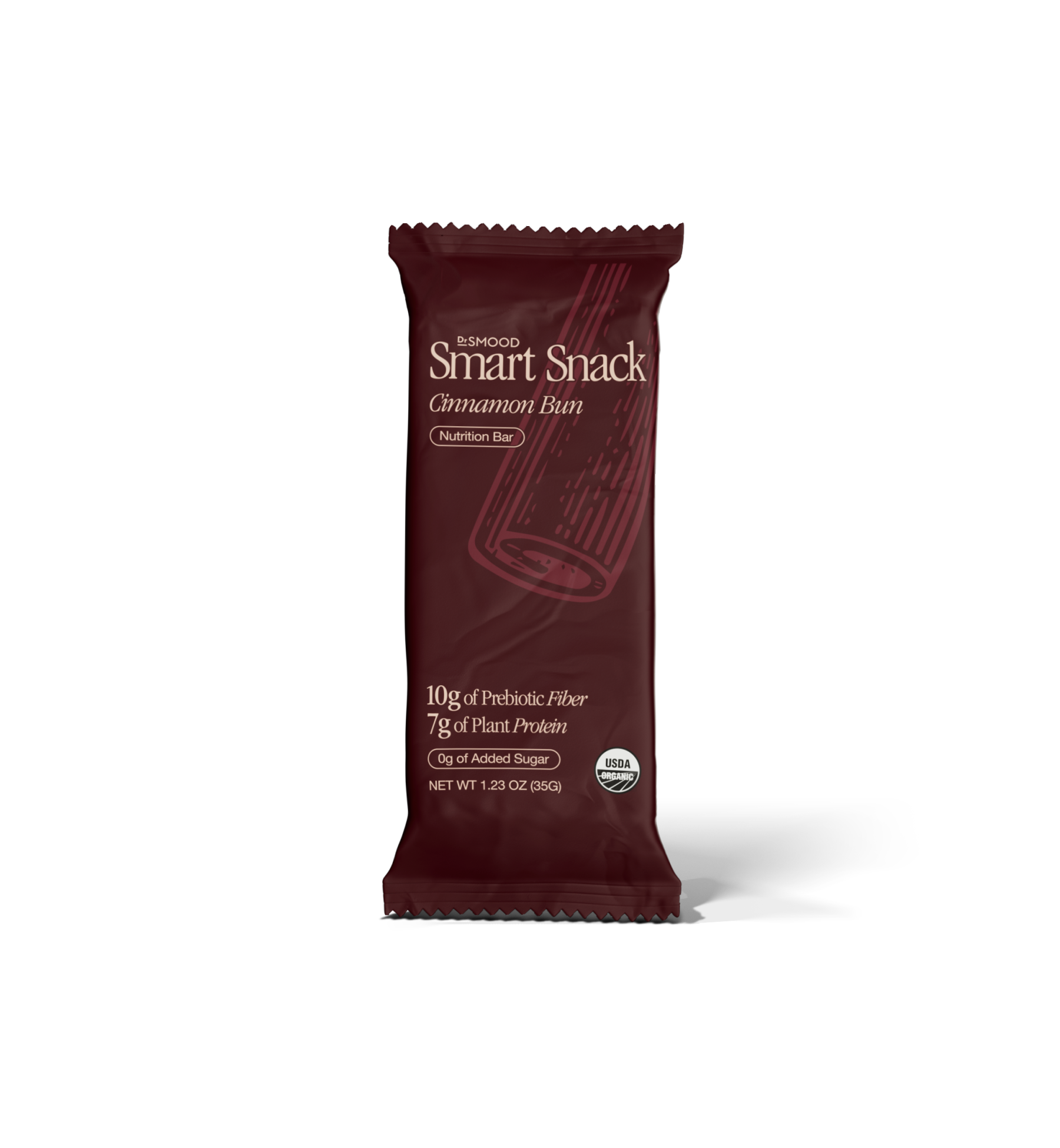 A Dr. Smood Smart Snack Cinnamon Bun Nutrition Bar. The bar is wrapped in a dark red packaging with a minimalist design, featuring an illustration of a cinnamon stick. The packaging highlights key nutritional benefits, such as “10g of Prebiotic Fiber” and “7g of Plant Protein,” along with certifications like “USDA Organic.” The bar weighs 1.23 oz (35g).